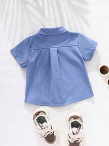 SHEIN 男婴拼色工装口袋短袖衬衫上衣，夏季 - 藍色 - 查看 2