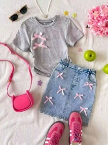 Tween-Mädchen 2-teiliges Set Lässig Street Rüschen Kurzarm Graues T-Shirt mit Schleife & Denim Minirock-Outfit - Verschiedenfarbig - Übersicht 1