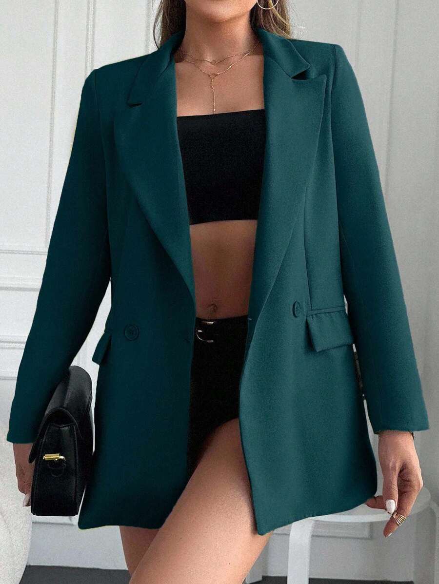 EURMUSE Women's Solid Color Lapel NeckLong Sleeve Double-Breasted Casual Blazer - Dark Green - View 1