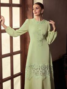 ZEYLAH Đầm ren tương phản cổ tròn tay dài thanh lịch cho nữ - màu xanh lá - Xem 6