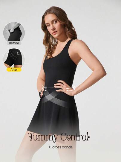 GLOWMODE Vestido activo FeatherFit™-Air Power Moves con ajuste transpirable y de secado rápido, tirantes anchos ajustables, shorts incorporados, bolsillos laterales, agarre antideslizante, para uso diario, uso en tenis, golf, pickleball, con copas desmontables