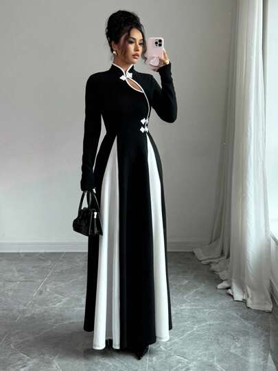 Rafferiza 女式优雅撞色纽扣长袖连衣裙