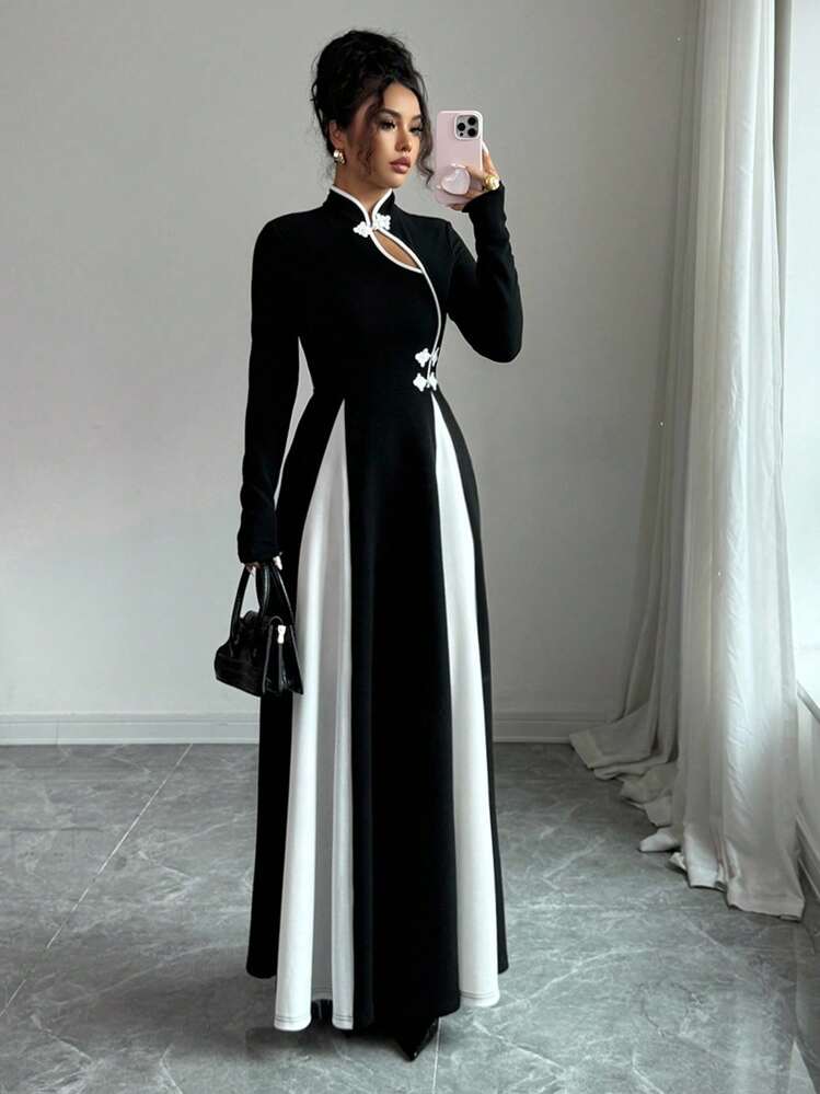 Rafferiza 女式优雅撞色纽扣长袖连衣裙 - 黑色 - 查看 1