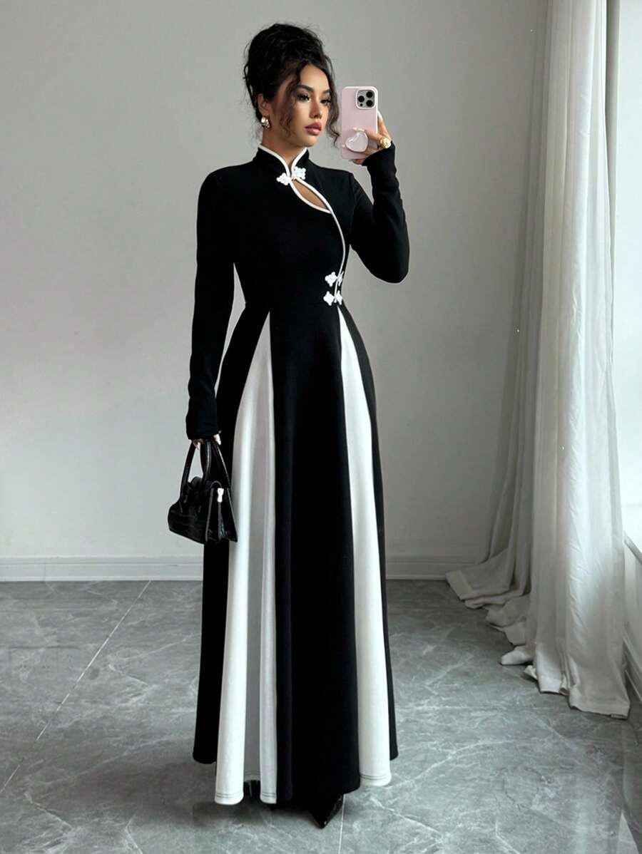 Rafferiza Vestido de manga larga con botones y contraste de color elegante para mujer