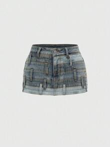 ROMWE Grunge Punk Street Fashion Hot Girl Asymmetrical Waist Contrast Color Patchwork Stretchy Low Waist Mini Denim Skirt For Women