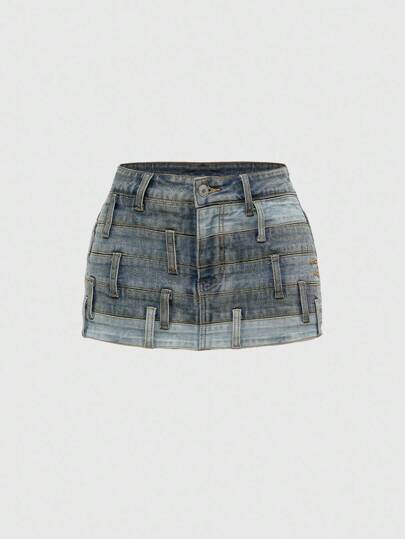 Grunge Punk تنورة جينز قصيرة للنساء بخصر منخفض، قابلة للتمدد، بتصميم غير متماثل وألوان متباينة، موضة الشارع الكورية