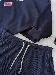 Teen Girls 2pcs Set Navy Blue Knit Retro Vintage USA Slogan Print Loose Fit Crew Neck Pullover Sweatshirt And Textured Knit Crop Shorts Tracksuit For Spring, Autumn, Winter Usa Sweatshirt Girls Sweat Outfit Clothes Set Teen Usa Clothes Sweat Set Fall