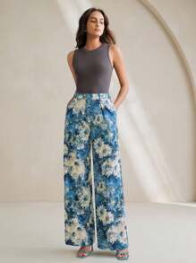 Anewsta 女士优雅花卉印花宽松裤，适合春夏季 - 藍色 - 查看 7