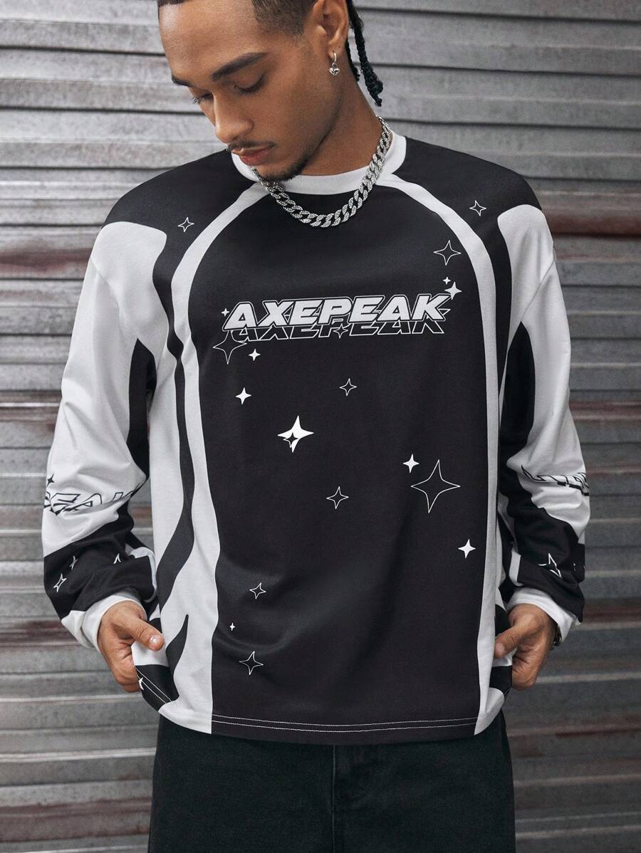 AXEPEAK Men's Letter Print Crew Neck Long Sleeve Casual Loose Fit Sweatshirt, Fall, Winter - Black - View 1