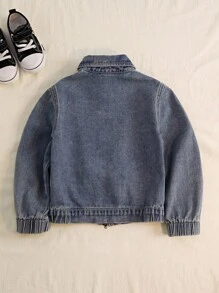 Denimly Spring & Autumn New Young Boy Retro Vintage Denim Jacket. Classic Denim Blue With Distressed Washing Technique Creates A Fashionable Vintage Vibe. Featuring A Collared Neck And Decorative Zipper Pockets, This Jacket Combines Aesthetics And Visual Layering. Metal Zipper Closure Makes It Easy To Put On And Take Off. Suitable For Daily Outings, School, Family Gatherings, Outdoor Activities, Etc. An On- Item That Easily Transforms Boys Into Stylish Kids! - Medium Wash - View 4