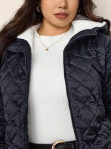 Zelara Abrigo acolchado de polar con estampado de diamante azul marino para mujer de talla grande, chaqueta y parka de invierno gruesa, chaqueta con capucha y cremallera completa acolchada y resistente al agua, chaqueta de invierno de manga larga resistente al viento y al agua, con bolsillos, ropa de moda para mujer de talla grande, abrigo de borreguillo de polar largo y cálido para el invierno