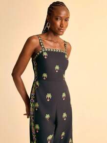 CAJUNI Women's Casual Vacation Black Green Coconut Tree Print Jumpsuit Country Concert Outfit Outfit Bohemian Style Women's Clothing Casual Dresses For Women   Black Dress