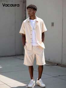 Teen Boy Fashionable Solid Color Vertical Pits Stripe Casual 2-Piece Set