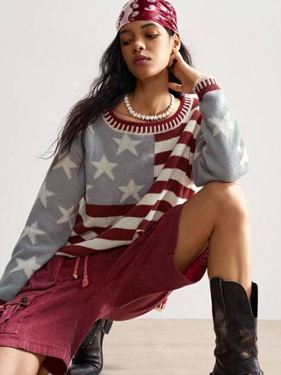 Bohemela Autumn/Winter Boho Retro Striped Star Pattern Usa Flag Graphic Knit Pullover Sweater, Suitable For Independence Day & Vacation Outfit & Daily Wear
