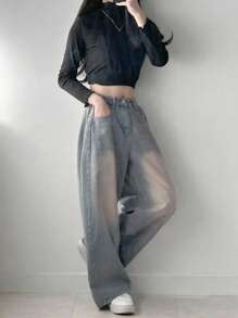 DAZY 女式宽松插袋阔腿休闲牛仔裤，宽松牛仔裤 - 中等水洗藍 - 查看 4