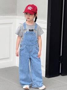 SHEIN 少女休闲水洗牛仔蝴蝶刺绣背带裤