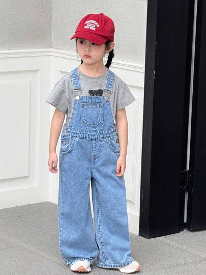 SHEIN Bộ đồ yếm denim giặt thường ngày thêu hình bướm cho bé gái