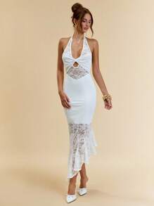 SHEIN BAE Women's White Halter Ruched Bust Semi-Sheer Flared Hem Sexy Elegant Lace Patchwork Knit Dress - White - View 3