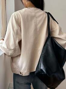 DAZY 女式翻领撞色刺绣休闲夹克 - 卡其色 - 查看 2