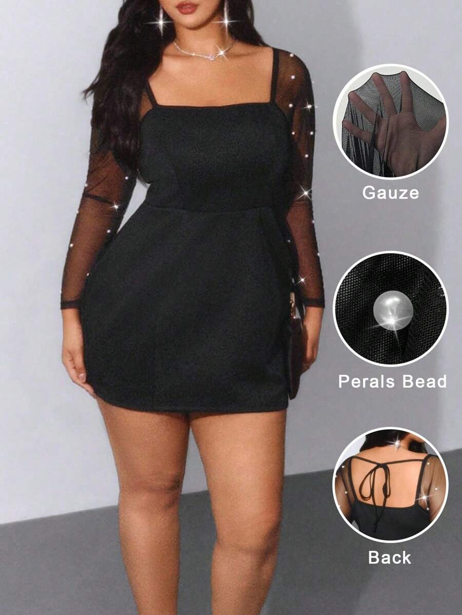 Viva Relle Plus Size Women's Square Neck Long Sleeve Mesh Pearl Sheer Vintage Elegant Casual Vacation Party Wedding Short Dress - Black - View 1