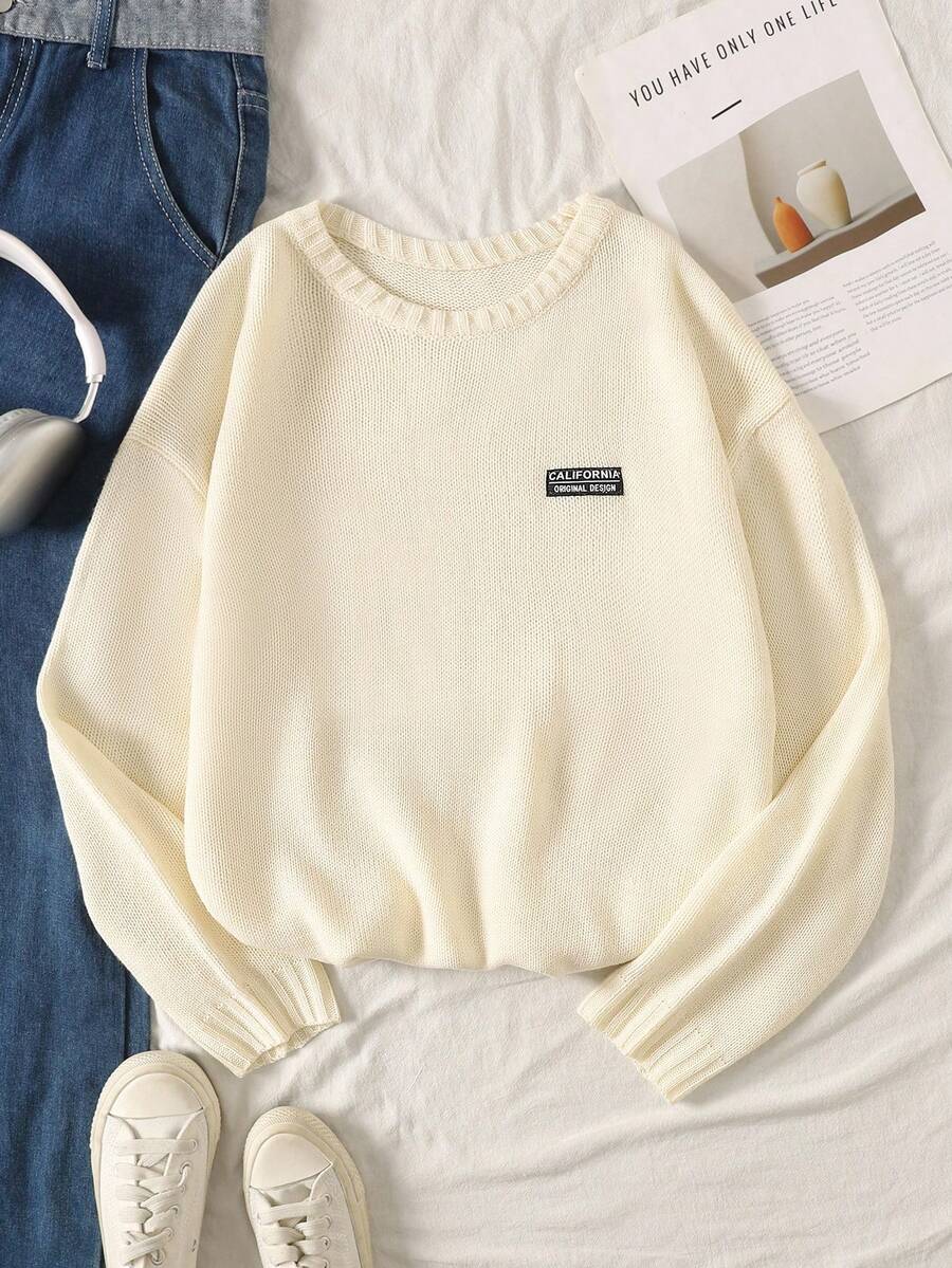 SHEIN 青少年女童杏色宽松圆领套头衫刺绣贴布针织毛衣，休闲百搭百搭上衣 - 杏色 - 查看 1
