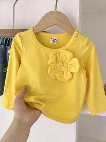 SHEIN Playful Pals 女婴春秋时尚街头风格可爱两件套：黄色长袖花朵装饰上衣和印花牛仔 A 字裙，适合日常穿着、拍照和旅行 - 彩色 - 查看 11