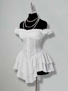 SHEIN ICON 女式白色褶皱提花褶饰腰部面板荷叶边露肩多层荷叶边下摆 A 字形雪纺迷你连衣裙，优雅适合派对和年轻女孩 - 白色 - 查看 3