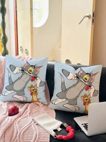 TOM & JERRY X SHEIN Bộ vỏ gối có thể tháo rời dùng làm vỏ gối ngủ/tựa lưng/trang trí, phụ kiện giường ngủ trong phòng ký túc xá (chỉ có vỏ vuông, không có ruột) - Màu xanh nhạt - Xem 1