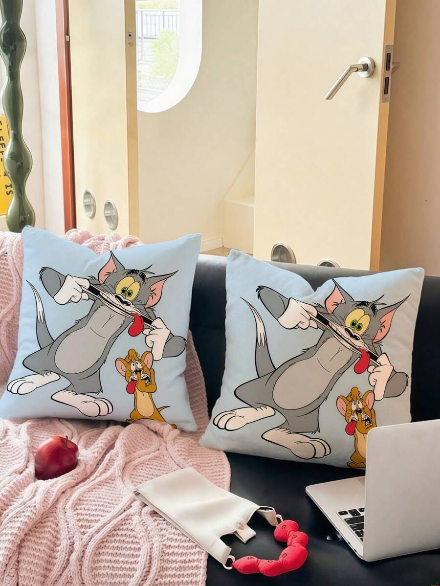 TOM & JERRY X SHEIN Bộ vỏ gối có thể tháo rời dùng làm vỏ gối ngủ/tựa lưng/trang trí, phụ kiện giường ngủ trong phòng ký túc xá (chỉ có vỏ vuông, không có ruột) - Màu xanh nhạt - Xem 1