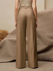 Anewsta Elegant Women Press Crease Faux Pearl Decor Pocket Long Pants, Modern & Fashion - Khaki - View 4