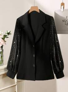Modelyn Plus Size Sequin Chiffon Puff Sleeve Patchwork Fitted Blazer, Elegant Office Commuter Fashion Fall Cloth For Women - Black - View 1