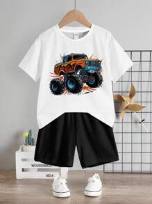 SHEIN Monster Truck & Young Boy Cartoon Pattern Casual Short Sleeve T-Shirt And Shorts 2pcs Set, Summer Retro Kids Outfitboys Outfit Kids Setkids Retro Outfit