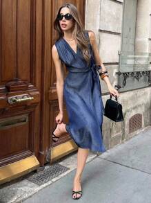 Pariaura 女士海军蓝优雅通勤牛仔效果无袖V领收腰长连衣裙休闲穿搭春季大学服装 - 藍色 - 查看 1