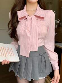 DAZY 女士修身性感学院风条纹全印花假围巾领带灯笼袖长袖衬衫，适合春夏秋季毕业季和返校季，秋季女装 - 粉色 - 查看 9