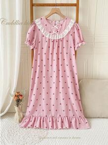White Bow Ruffle Trim Red Cherry Bubble Crinkle Long Sleeve Nightgown Loungewear, For Teenage Girls - Pink - View 1
