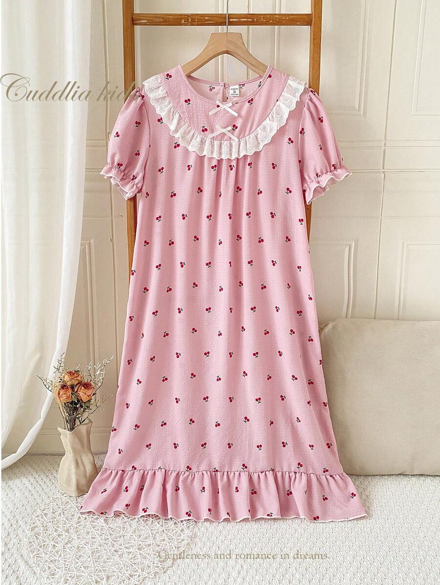 White Bow Ruffle Trim Red Cherry Bubble Crinkle Long Sleeve Nightgown Loungewear, For Teenage Girls - Pink - View 1