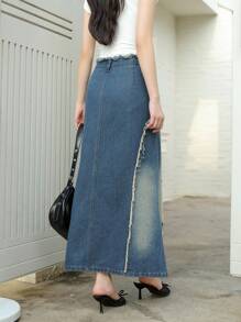 K-Vae Women's Autumn Pocket Raw Edge Fishtail Hem Casual Denim Skirt, Retro Old Money Style,Korean Style,Homecoming Dress,Fall Outfits For Women, Old Money Style Women