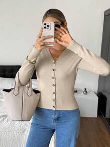 SHEIN Frenchy Cárdigan casual de manga larga de un solo abotonamiento de unicolor para uso diario, blusas de manga larga para mujer