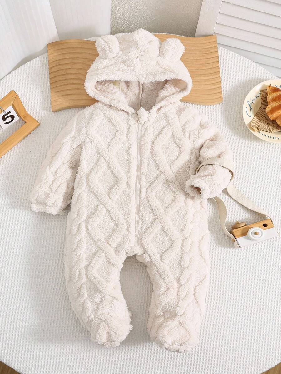 SHEIN 男婴可爱小熊图案保暖连体衣，适合秋冬季节穿着