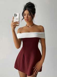 Aloruh 情人节拼色露肩蝴蝶结迷你连衣裙 - 酒紅色 - 查看 5