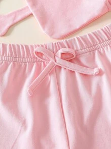 SHEIN 3 件套女婴粉色翻领短袖纽扣衬衫，趣味熊印花斜挎包，松紧腰带蝴蝶结装饰短裤套装，舒适休闲，适合春夏秋冬居家户外 - 粉色 - 查看 7