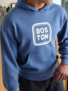 Teen Boy Letter Print Hooded Sweatshirt,In Fall/Winter - Blue - View 1