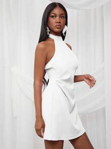 NYA SZN Spring Mock Neck Halter Fitted Festival Summer Mini Dress Gyaru Vacation Graduation Old Money Wedding Guest Special Occasion For Bridal Dinner Prom - White - View 3