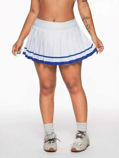 Easithlete Plus Size Women's Color Block Striped A-Line Pleated Skort With Tennis Pocket, Casual Sports Skort For Golf And Tennis