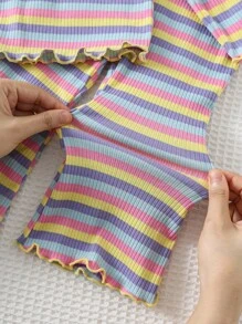 Cozy Pixies Baby Girls 2pcs Set Bow Decor Colorful Striped Round Neck Short Sleeve Crop Top And Flare Pants Baby Girl Striped Outfit Rainbow Baby Outfit Toddler Striped Two Piece Set Baby Bell Bottom Outfit Knit Toddler Set