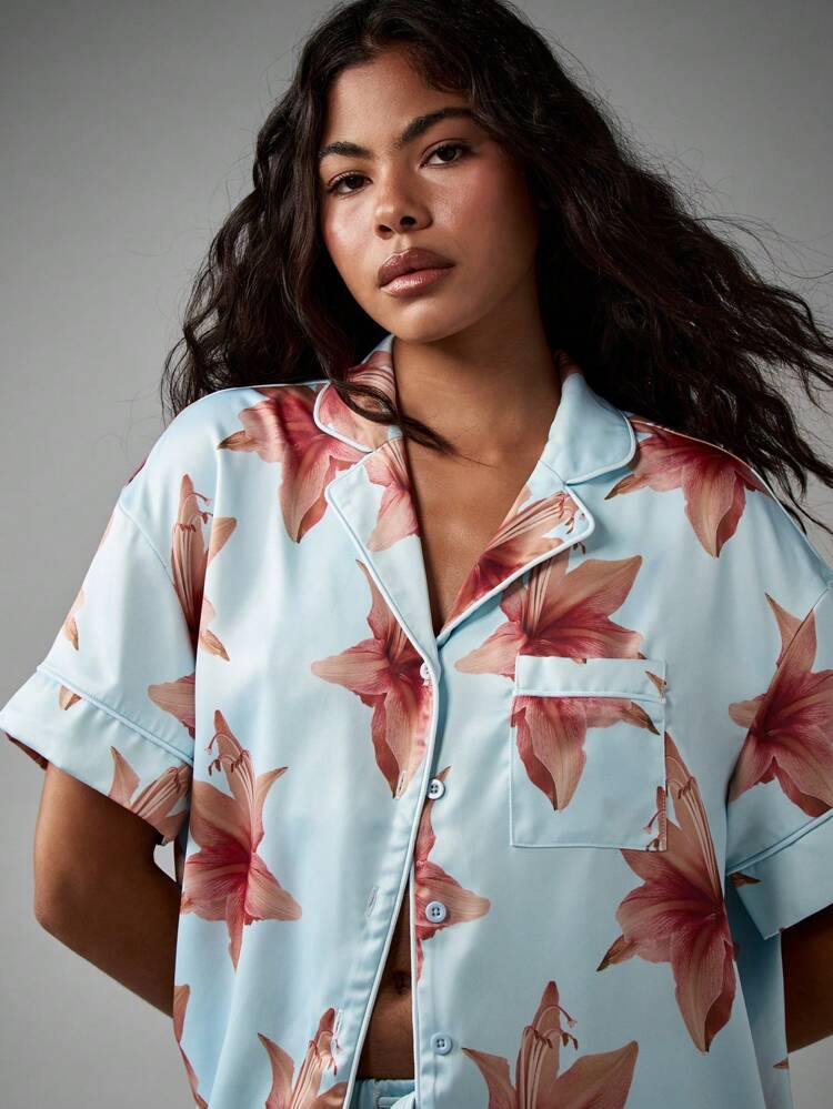 Floral Print Satin Button Down Pajama Set With Shorts