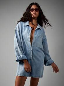 AiiRZ Bộ đồ liền thân denim quá khổ tay ngắn cài nút phong cách phương Tây lễ hội thời trang mùa hè bãi biển thường ngày đồ mặc nhà nhẹ tiện dụng thời trang đường phố - Màu xanh lam - Xem 3