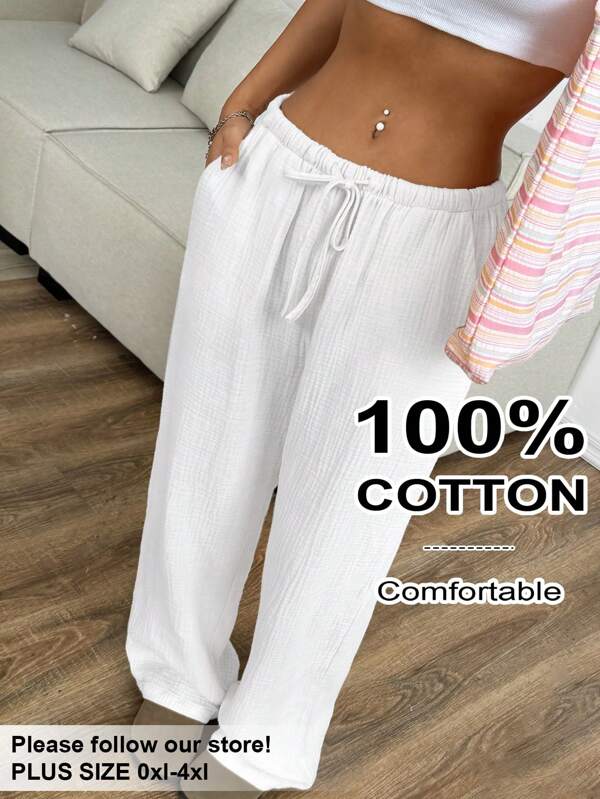 SHEIN EZwear Plus Size Women Beach Vacation,Brunch Outfits For Women,White Casual Drawstring Pockets Straight Leg Pants,Spring Summer Clothes