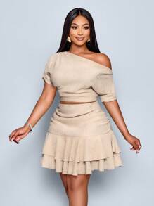 SOLERSUN Plus Size Summer Elegant Party Daytime Apricot Knitted Asymmetrical Neck Gathered Top And Ruffle Hem Skirt Two Pieces Set