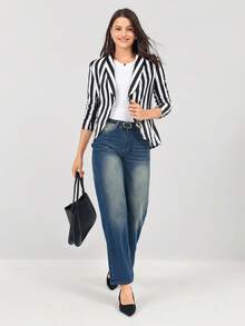 Miaspire Blazer de mujer con mangas abullonadas en rayas blancas y negras, adecuado para usar en la oficina y para vestir casual